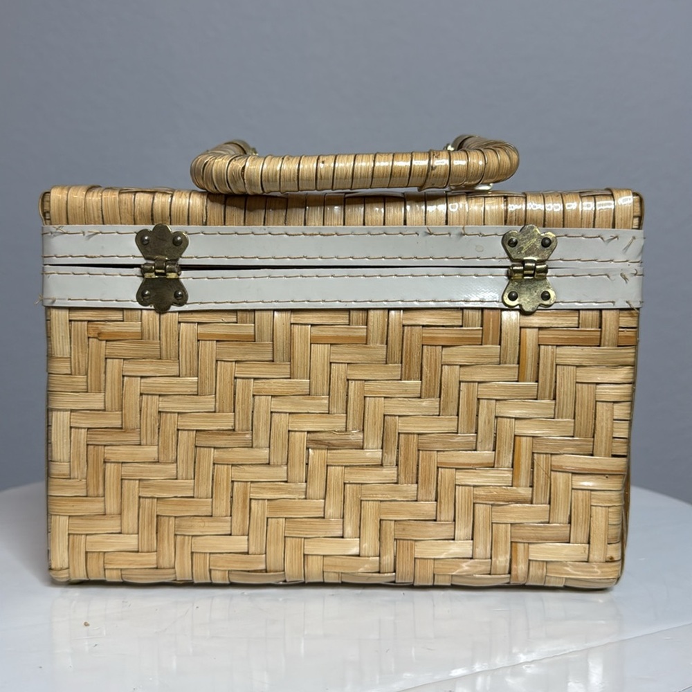 VINTAGE 1950s CHEVRON PATTERN STRAW WICKER WOVEN BOX HAND BAG - Picture 5 of 13